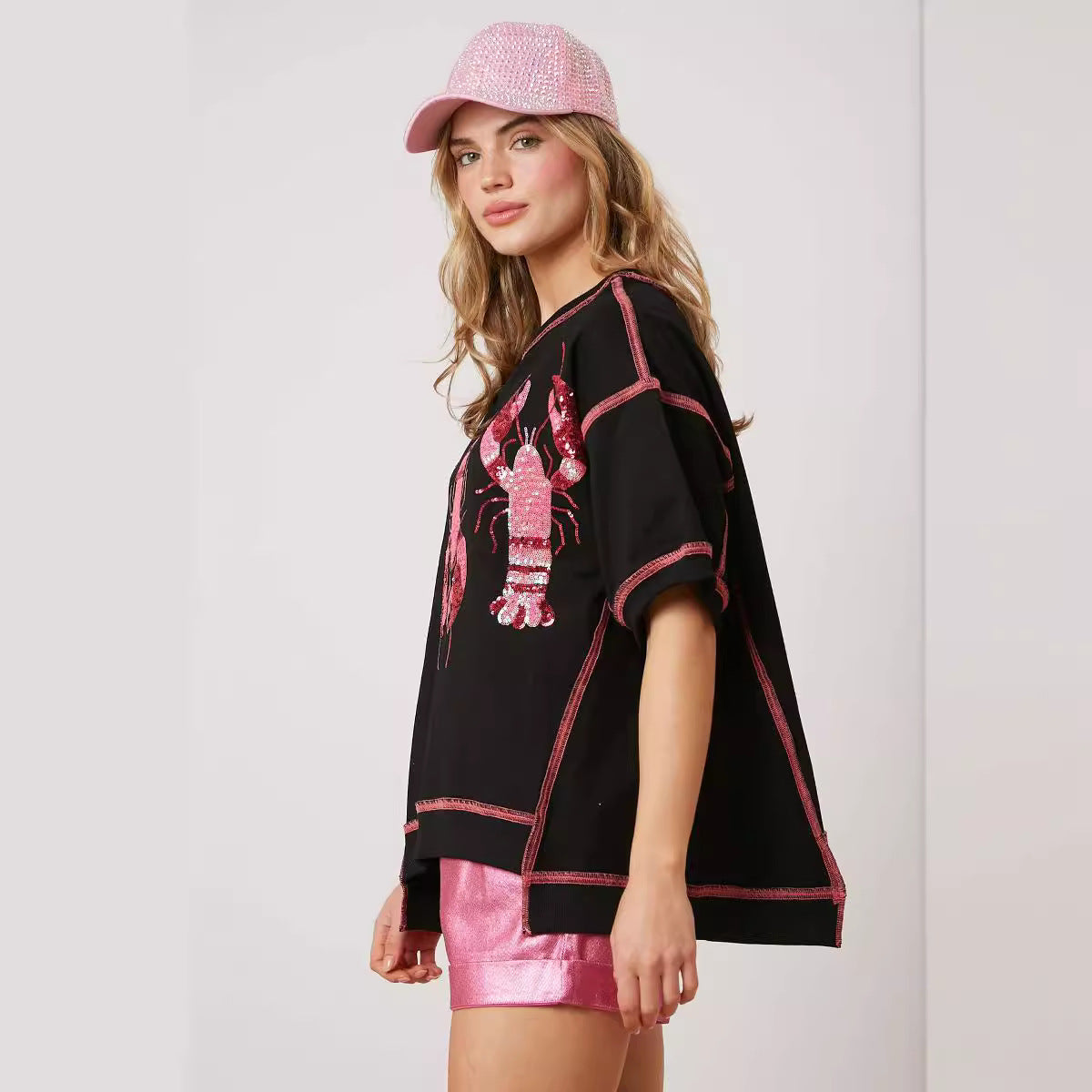 Women's Summer Loose Casual Lobster Sequined T-shirt Blouses