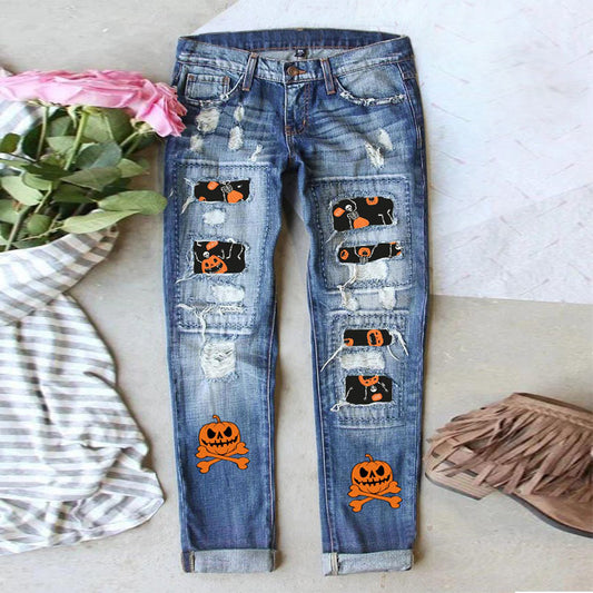 Women's Street Hipster Ripped Print Straight Blue Jeans