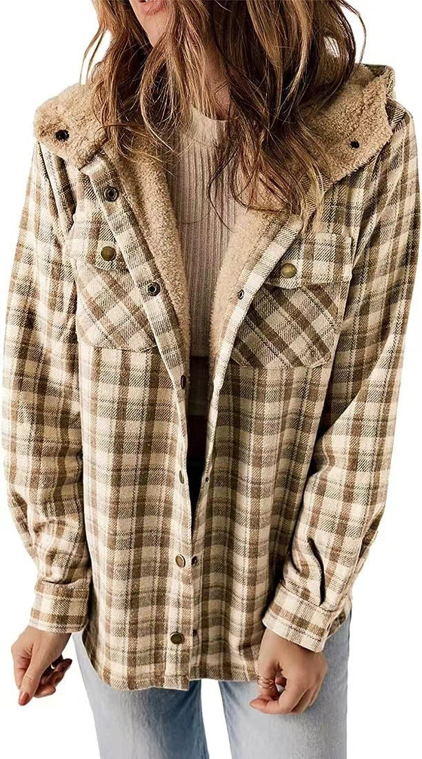 Women's Plush Shirt Casual Plaid Hooded Woolen Jackets