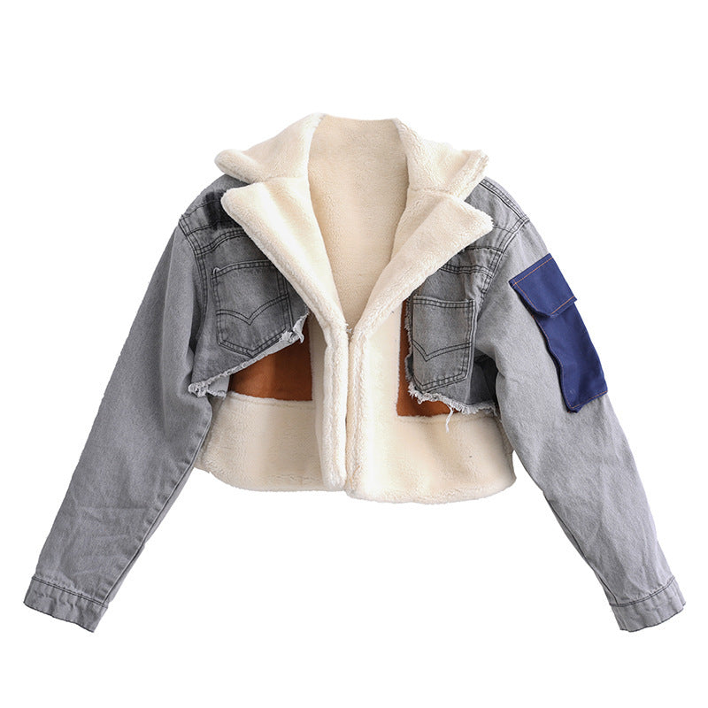 Women's Padded Denim Splicing Winter Lamb Wool Jackets