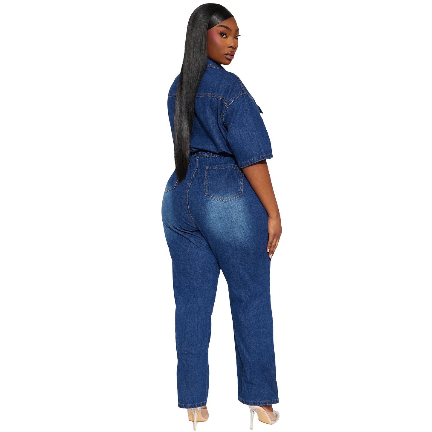 Stretch Short-sleeved Skinny Mouth Wash Denim Jumpsuits