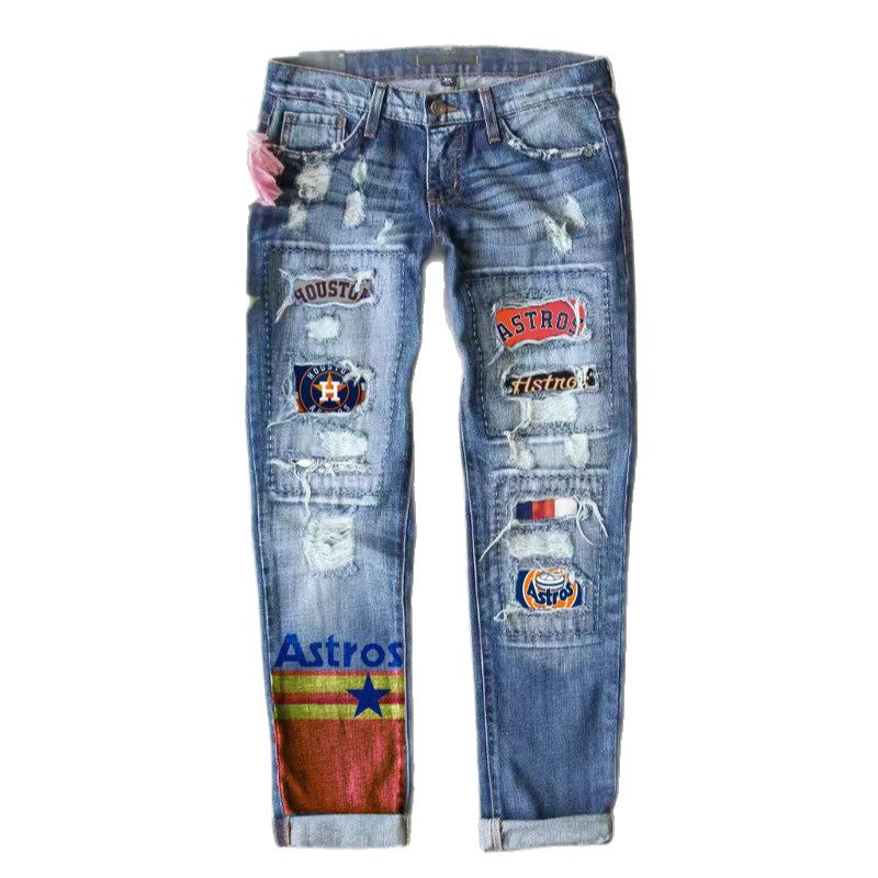 Women's Innovative Fashion Printing Hole Straight Jeans