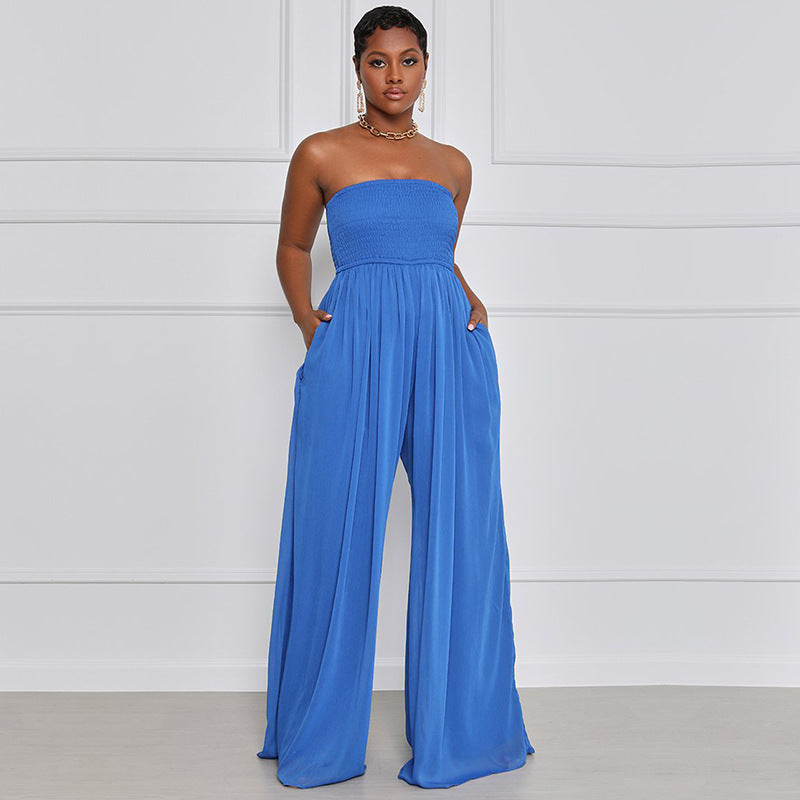 Women's Blue Wide Leg Leisure Chiffon High Pants
