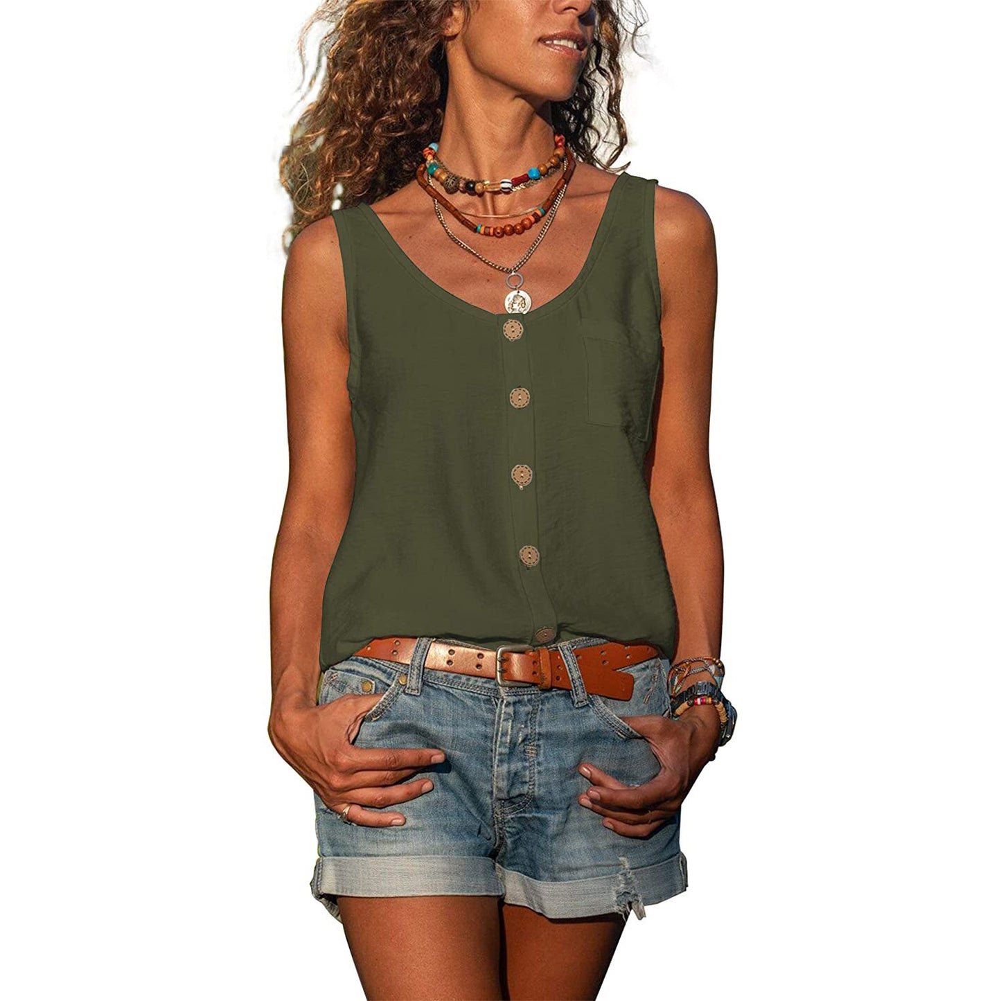 Women's Summer Solid Color Button Shirt Sleeveless Blouses