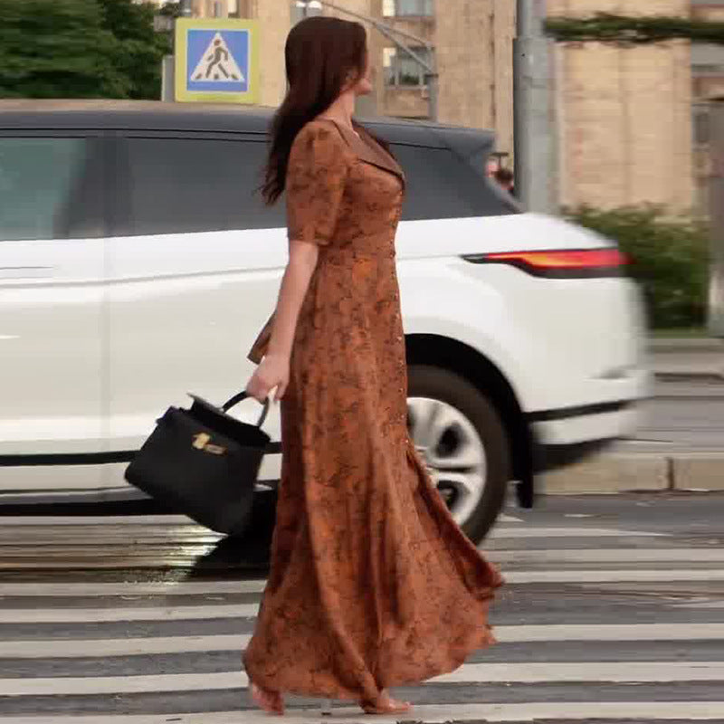 Women's Fashion Brown Printed Elegant Dress Dresses