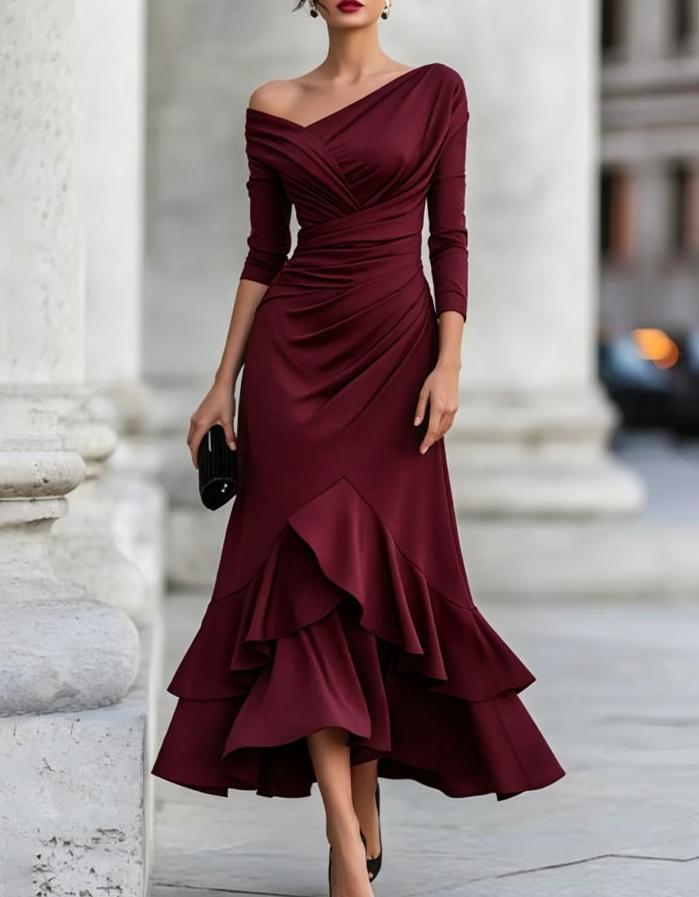 Women's Autumn Crimp Ruffled Long Sleeve Elegant Slim Dress