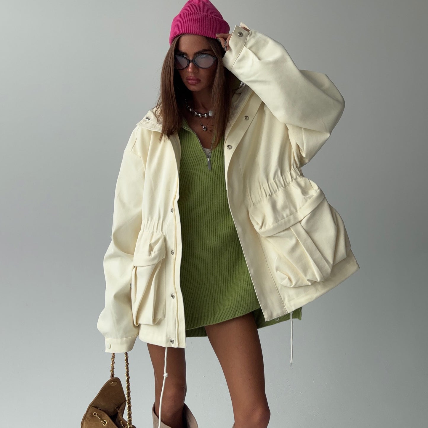 Women's Color Drawstring Waist Overalls Retro Street Coats