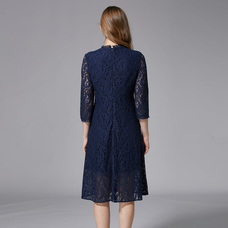 Women's Blue Lace Dress Loose Large Swing Casual Slimming A- Skirts