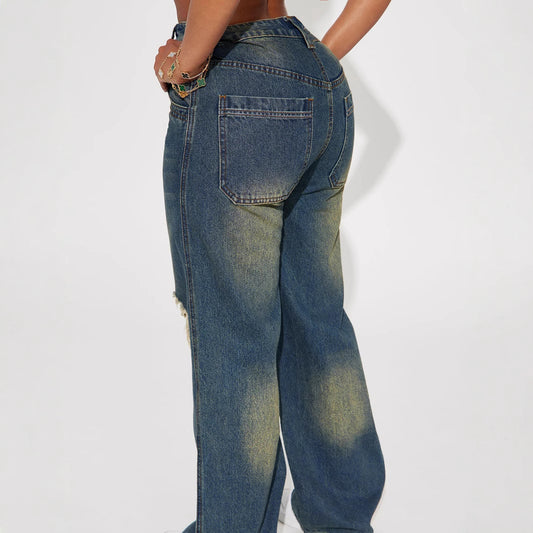 Women's Ripped Model Retro Street Worn Washed Pants