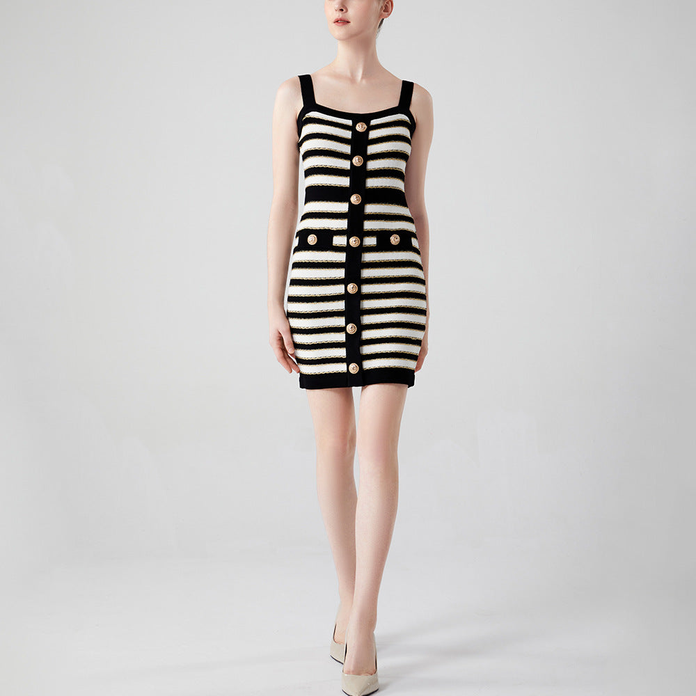 Women's Sling Sexy Gold Silk Striped Knitted Dress Dresses