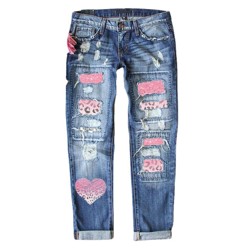 Women's Fashion Mid Waist Ripped Print Baggy Jeans