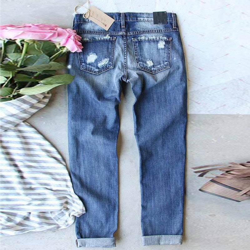 Women's Easter Print Hole Patch Washed Denim Jeans