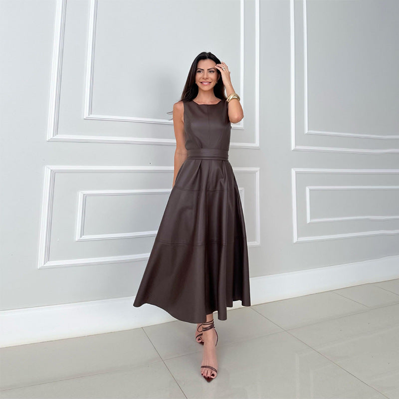 Spring Sleeveless Leather Elegant Waist Solid Dresses