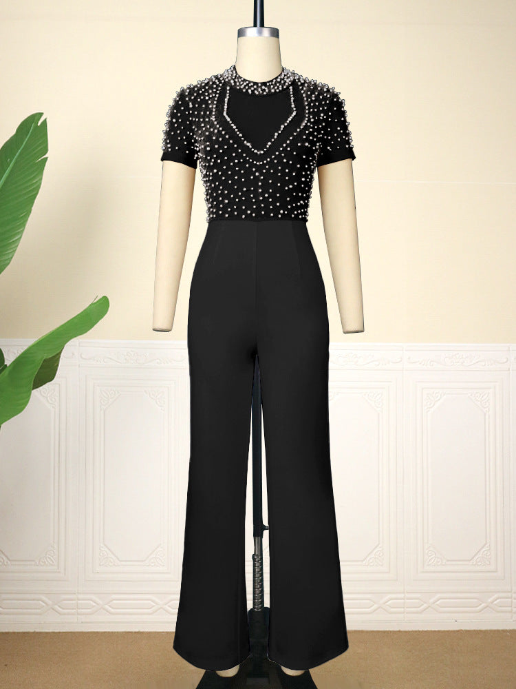 Round Neck Sleeve Beaded Casual Style High Jumpsuits
