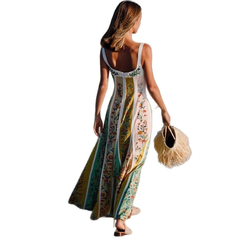 Strap Positioning Linen Printed Dress Loose Dresses