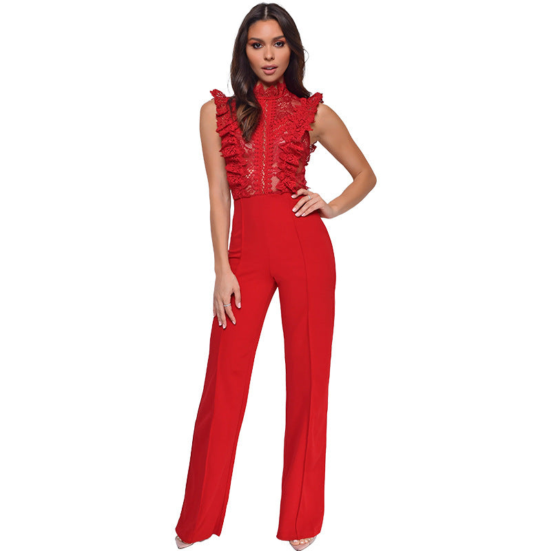Women's Turtleneck Fashion Straight Lace Crochet Sleeveless Jumpsuits