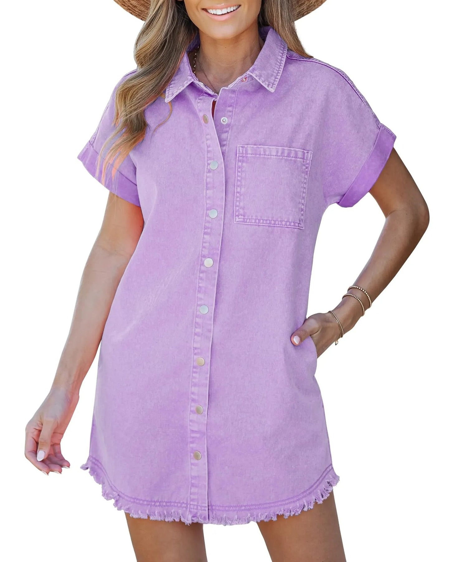 Women's Short-sleeved Denim Shirt Dress Buckle Casual Dresses