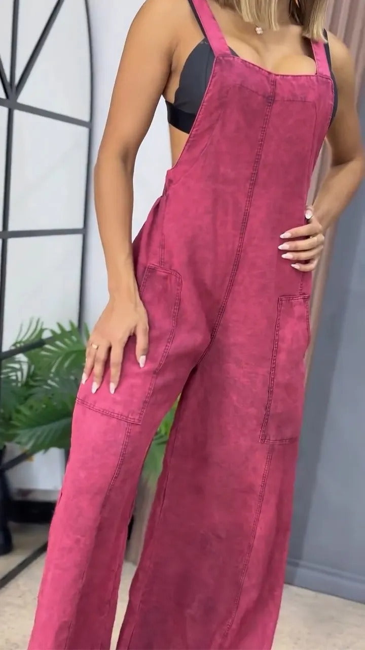 Women's Fashion Wash Denim Suspender Pocket One-piece Jeans
