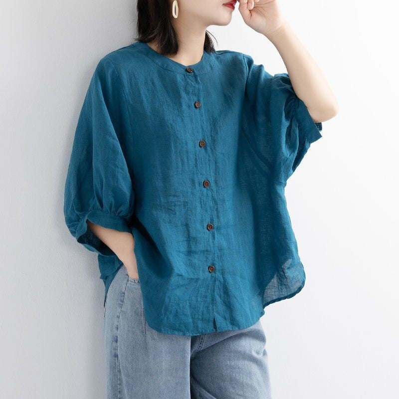 Women's Summer Cotton Shirt Lantern Sleeve Retro Blouses