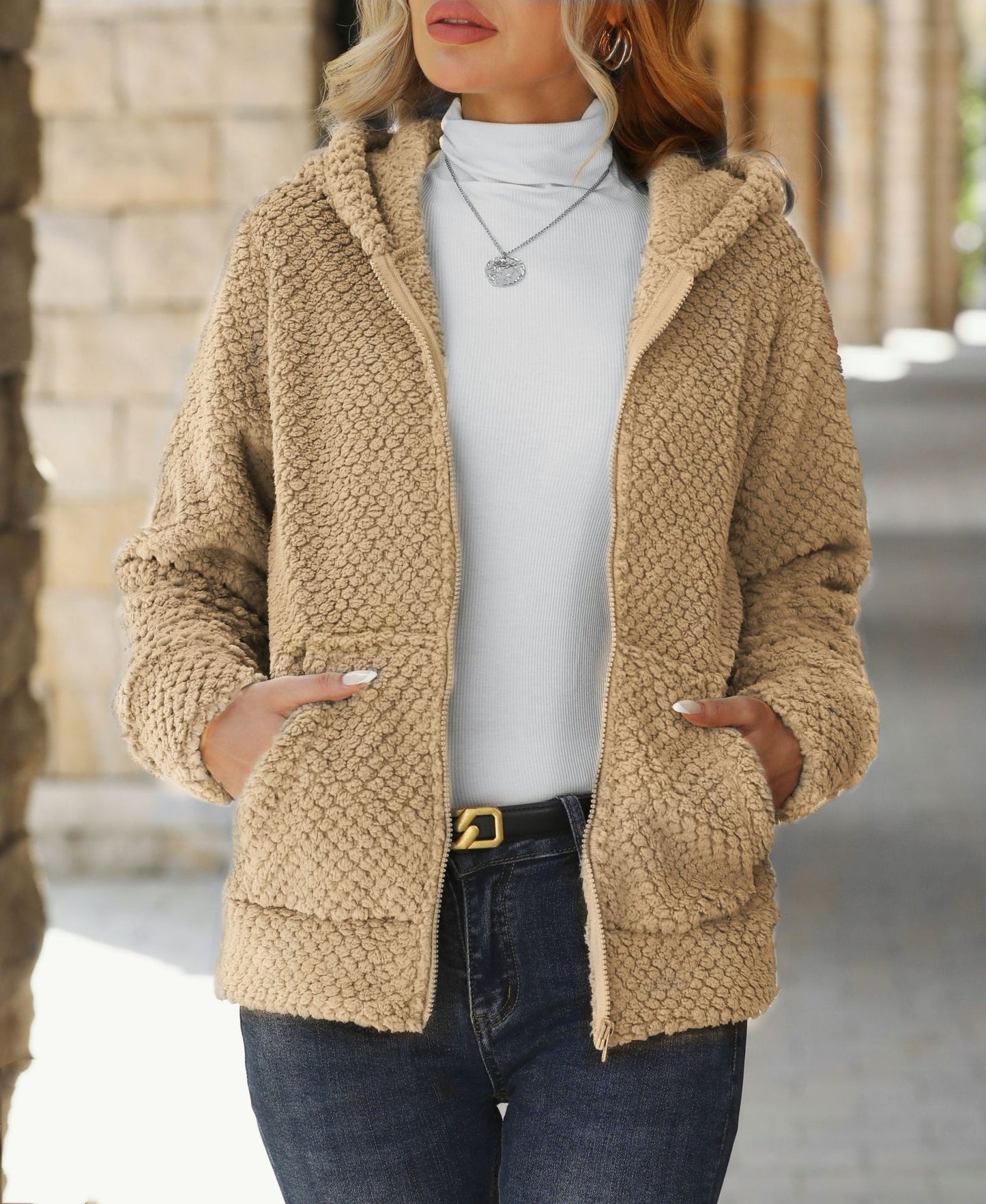 Women's Shiny Veet Loose Pockets Hooded Zip Coats