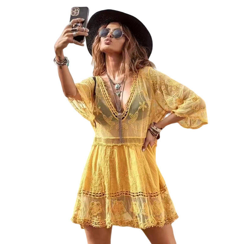 Lace Beach Dress Solid Color Seaside Dresses