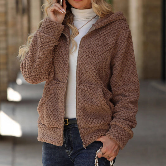 Women's Shiny Veet Loose Pockets Hooded Zip Coats