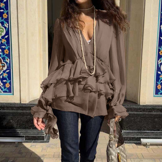 Women's Chiffon Long Sleeve Shirt Design Pleated Blouses