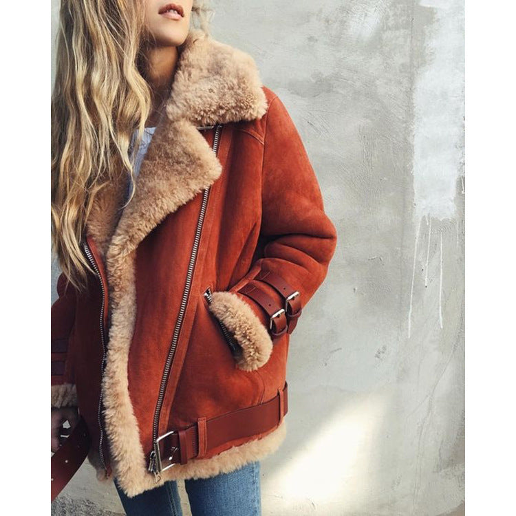 Women's Lamb Wool Motorcycle Deerskin Fur Lapel Jackets