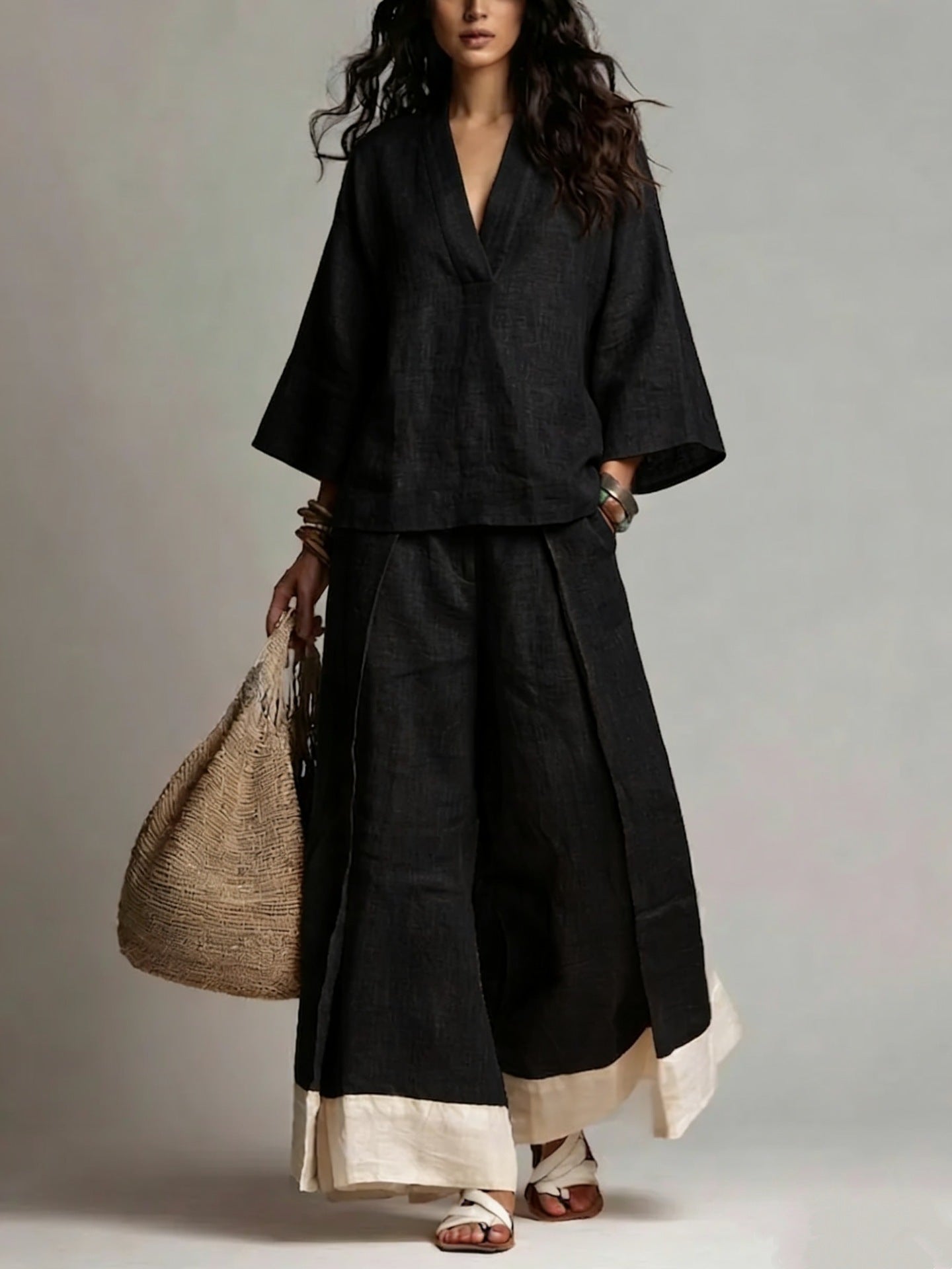 Women's Cotton Linen French Collar Sleeve Shirt Contrast Fashion Casual Suit