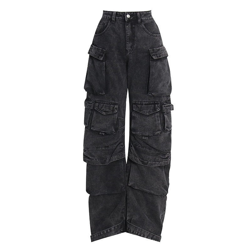Women's Gray Stitching Cargo Street Washed Worn Pants