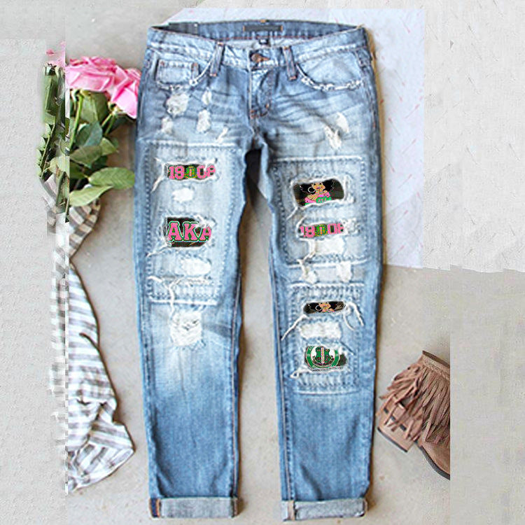 Women's For Ripped Print Lining Stickers Casual Jeans