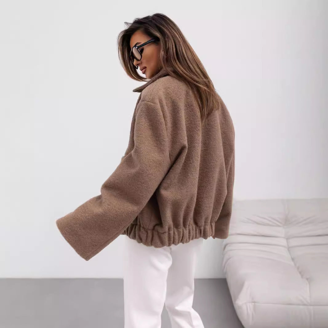 Women's Fashion Solid Color Pocket Breasted Woolen Coats