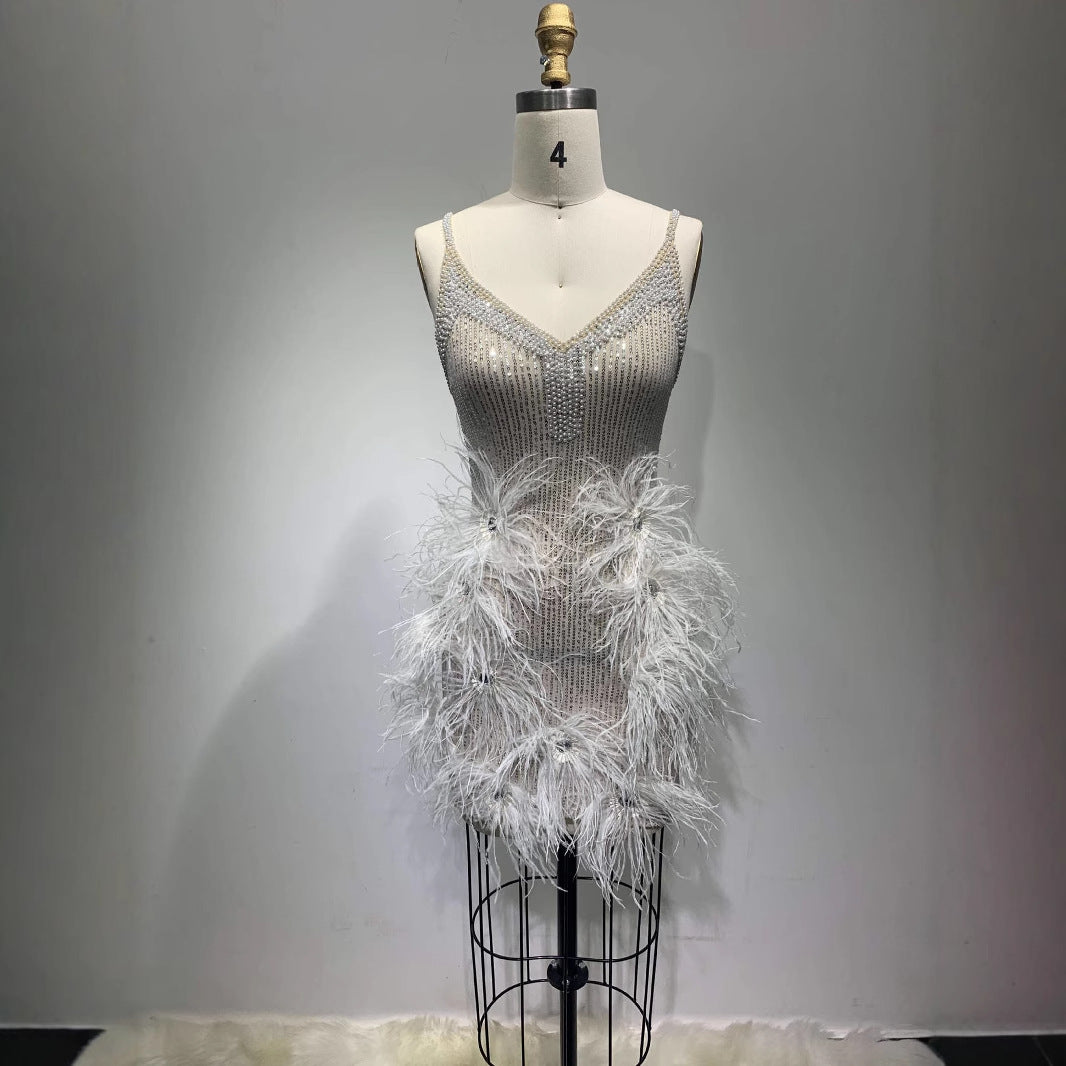 Sexy Strap Tube Feather Stitching Miniskirt Dresses