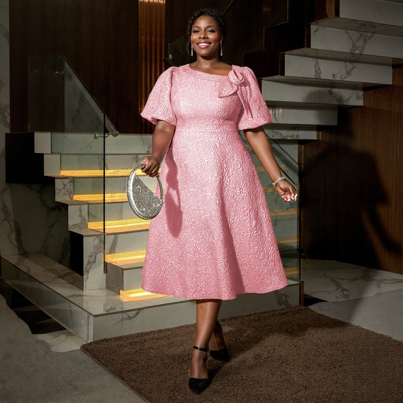 Jacquard Fabric Flowers Dress African A- Dresses