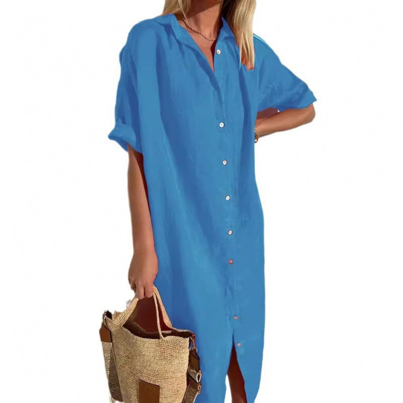 Women's Elegant Casual Loose Sleeves Button Dress Cotton Dresses