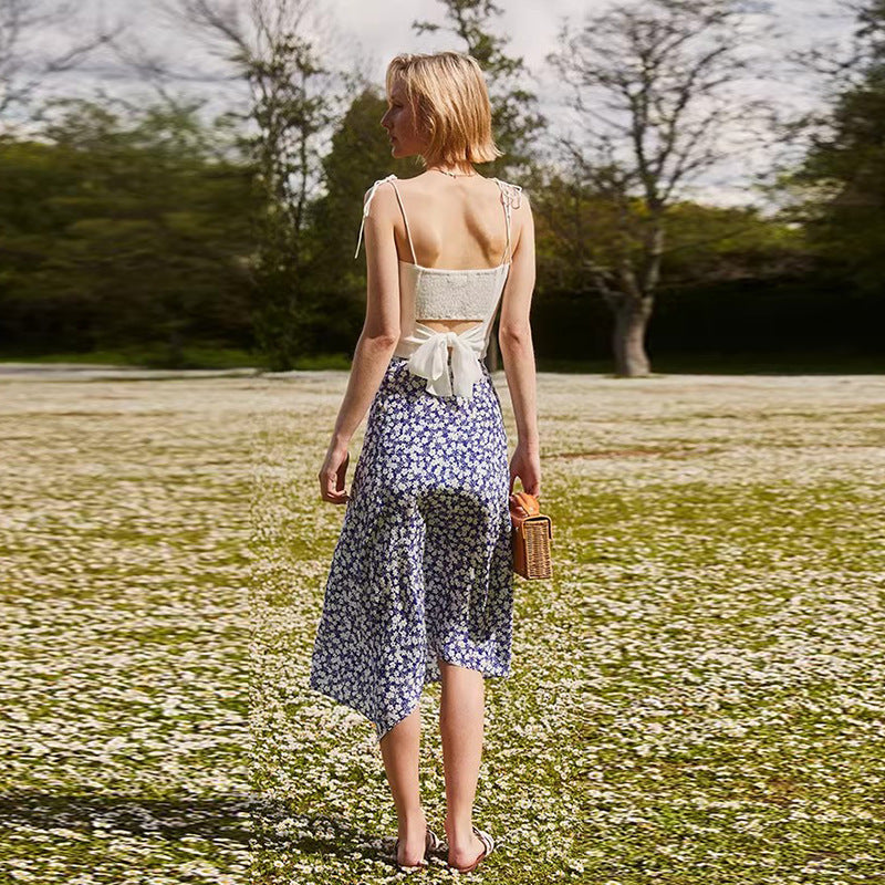 Blue Floral Silk Casual Irregular Design Skirts
