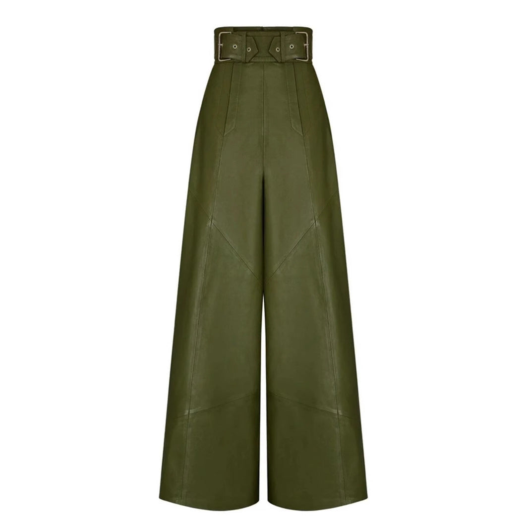 Women's Fashion Leather High Waist Loose Pockets Pants