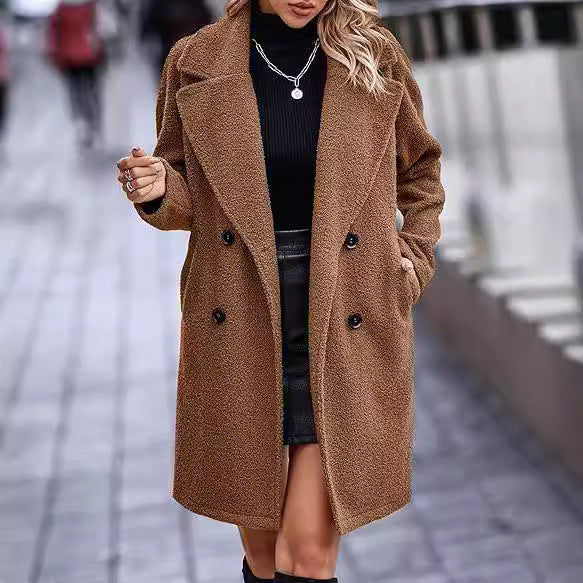 Women's Fashion Button Pocket Long Sleeve Plush Coats