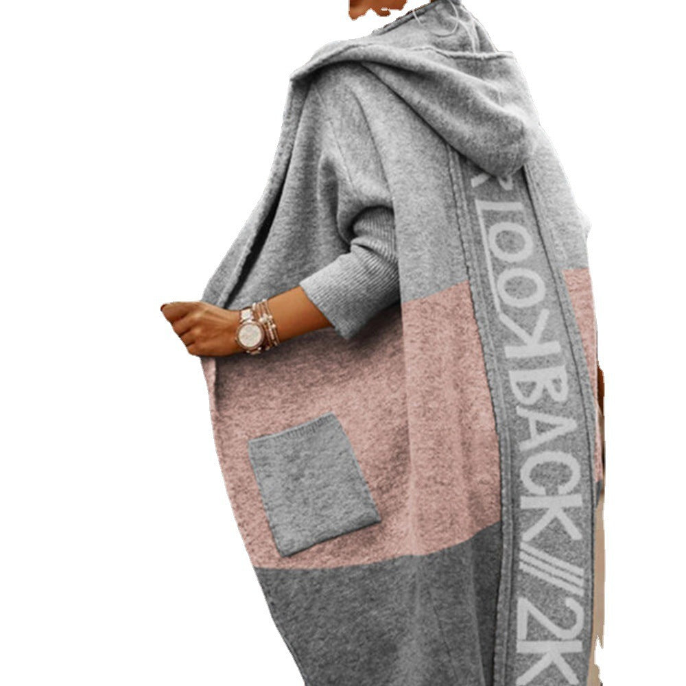Women's Color Matching Pocket Hooded Casual Long Knitwear