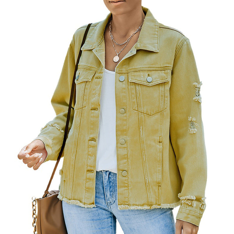 Women's Solid Color Single Row Washed Denim Cardigans