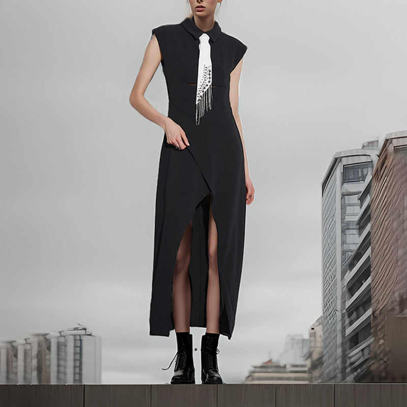 Women's Summer High-grade Lapel Hollow Split Elegant Black Dress Dresses