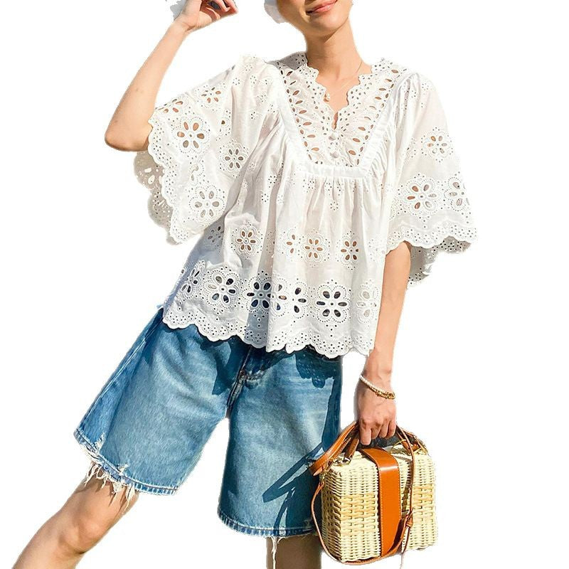 Women's Artistic White Half Sleeve Vacation Style Blouses