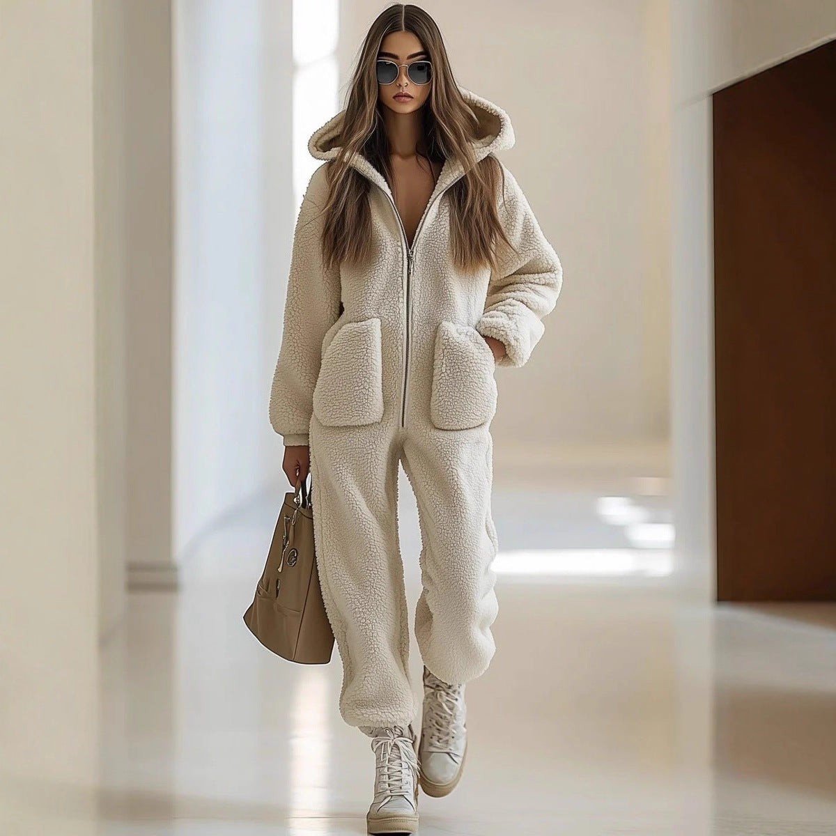 Women's Hooded Pocket Decorative Loose Straight Plush Jumpsuits