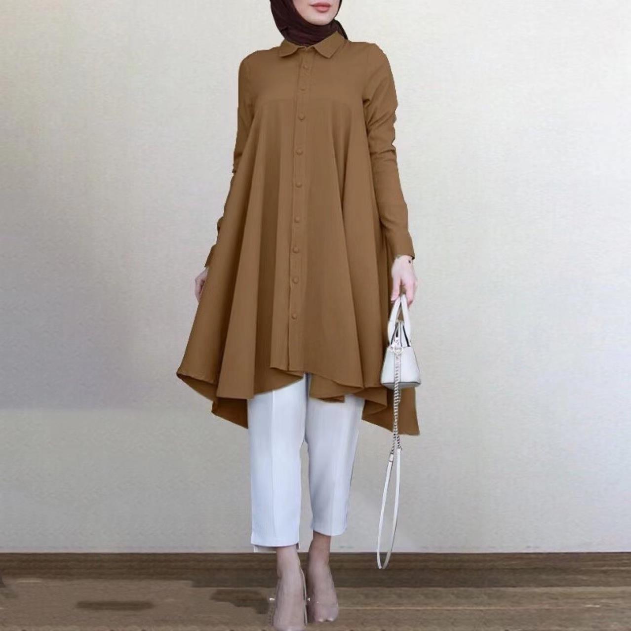 Women's Solid Color Polo Collar Button Placket Dovetail Curved Hem Blouses