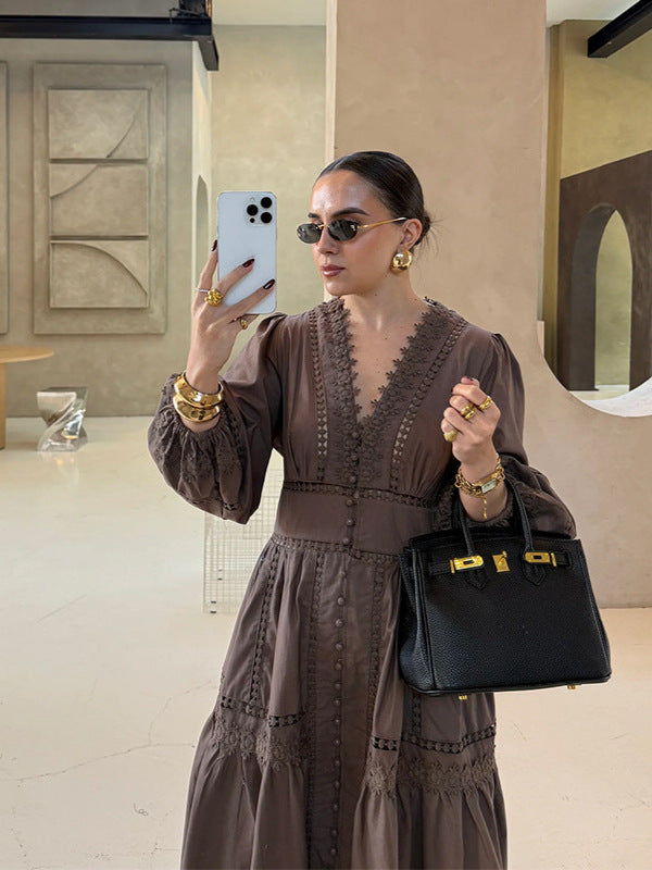 Women's Summer Retro French Lapel Hollow Puff Sleeve Elegant Tied Clothing