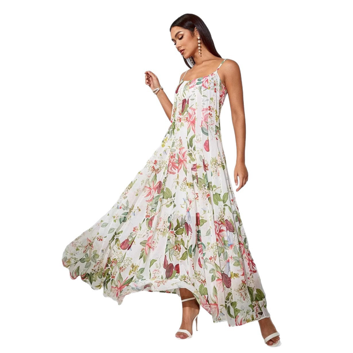 Strap Fresh Print Long Large Hem Dresses