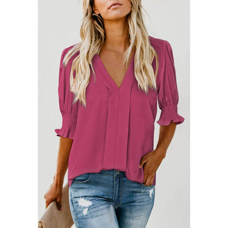 Women's Color Half Sleeve Collar Shirt Pleated Blouses