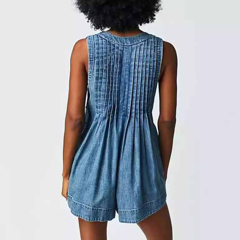 Durable Beautiful Sleeveless Denim Pleated One-piece Jumpsuits