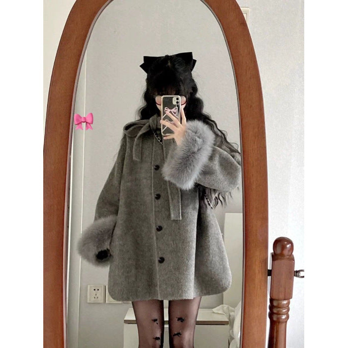 Women's Hepburn Style Gray Woolen Small Mid-length Coats