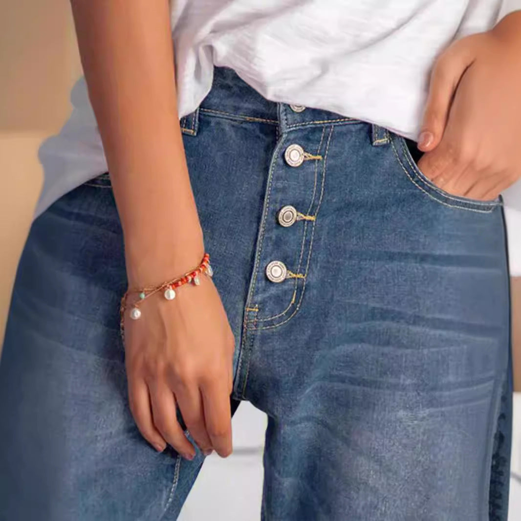 Women's Comfortable British Vintage Single-breasted Cropped Jeans